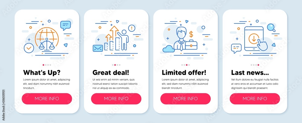Set of Business icons, such as Magistrates court, Employee results, Businessman case symbols. Mobile app mockup banners. Scroll down line icons. Internet judgement, Chart, Human resources. Vector