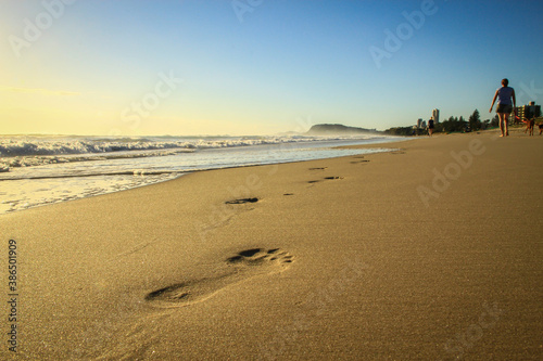 Wallpaper Mural Early morning sunrise at the beach, with footprints in the sand and sparkling water. Gold Coast, Queensland, Australia.  Torontodigital.ca