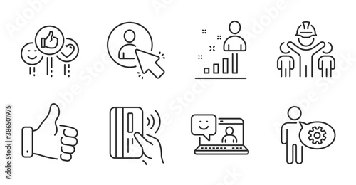 Like, Contactless payment and Engineering team line icons set. Smile, User and Like hand signs. Stats, Cogwheel symbols. Social media likes, Bank money, Engineer person. People set. Vector