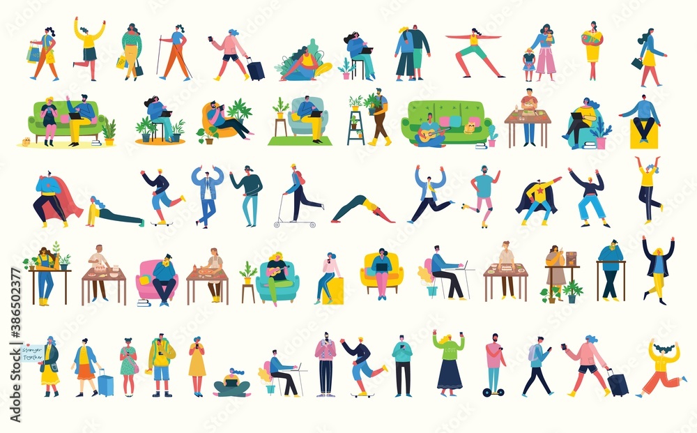 Vector illustration backgrounds in flat design of group people doing different activity