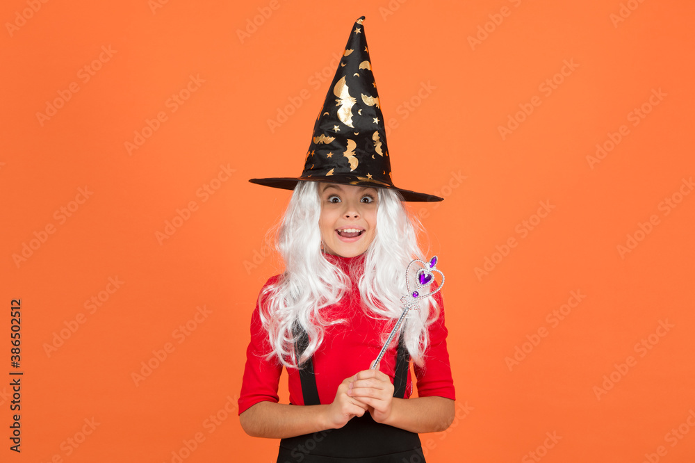 happy halloween child in witch hat hold magic wand for witchcraft, wonderful halloween happy halloween child in witch hat hold magic wand for witchcraft, wonderful halloween