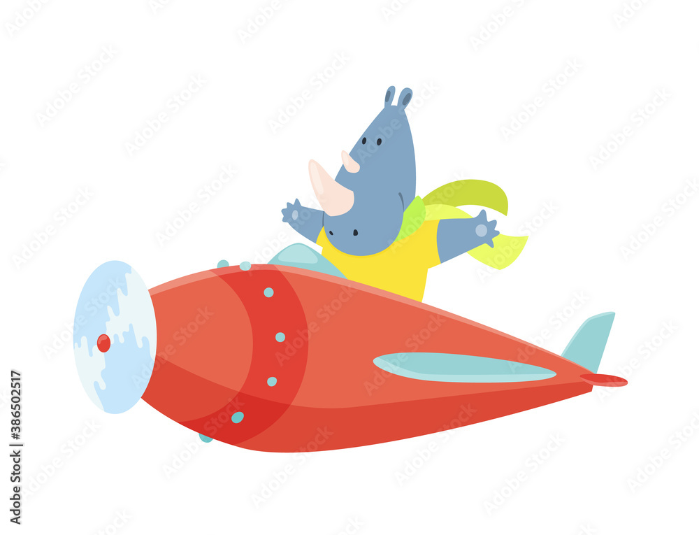 Cute rhinoceros flying an airplane with scarf fluttering. Funny pilot flying on planes. Cartoon vector illustration isolated on a white background Cute rhinoceros flying an airplane with scarf fluttering. Funny pilot flying on planes. Cartoon vector illustration isolated on a white background