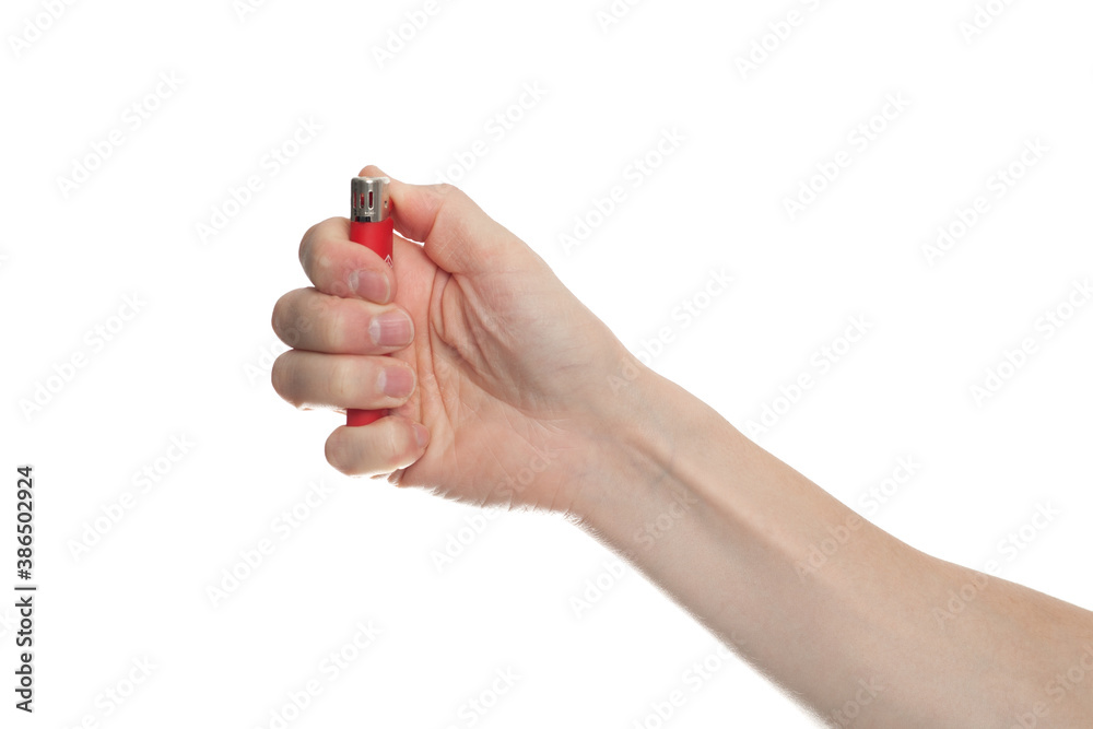 red lighter in male hand isolated on white background.