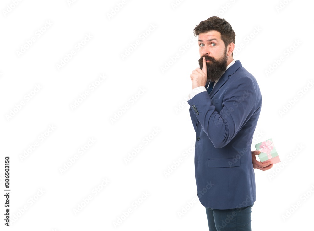 Fototapeta premium secret gift. businessman in formal suit on party. happy birthday shopping. boxing day. Delivery company business. success and reward. bearded man hold valentines present. keep a secret. Shopaholic