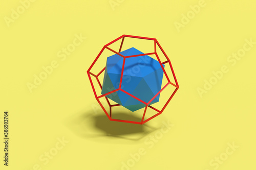 Icosahedron within wire dodecahedron. Platonic solids. 3d illustration.