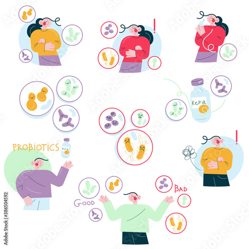 Set of men and women feeling healthy or suffering from good and bad bacteria
