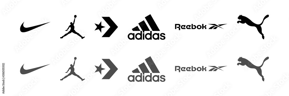 Nike. Top logos of popular sportswear brands: nike, jordan, adidas, reebok,  puma. Editorial vector illustration. Vinnitsa, Ukraine - October 19, 2020  Stock ベクター | Adobe Stock
