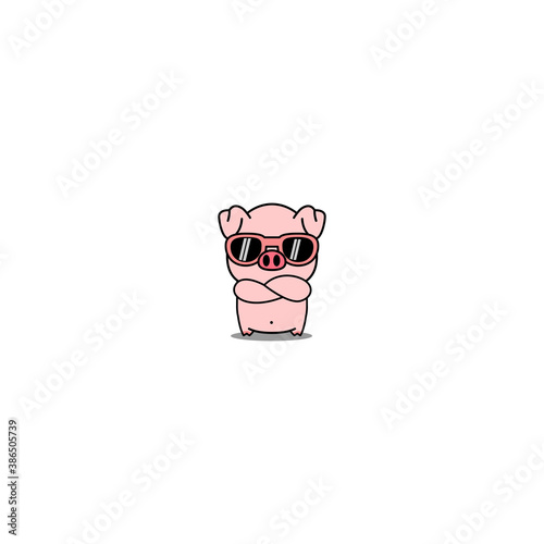 Cute pig with sunglasses crossing arms cartoon, vector illustration
