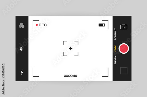 Phone camera interface horizontal view. Mobile app application. Video shooting. Vector illustration graphic design