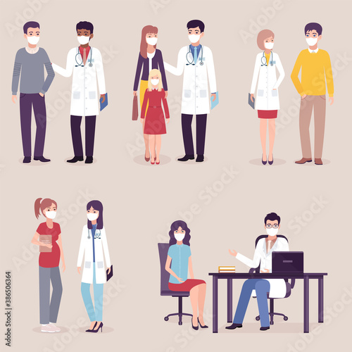 Doctors, nurses with patients in masks. Set of women and men visiting emergency person. Medical characters in protection uniform. Healthcare concept. Vector illustration. Flat design.