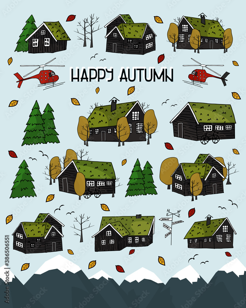 Set of Black scandinavian greenlandian wooden houses, trees, forest, grass on the roof with white borders and Happy autumn text