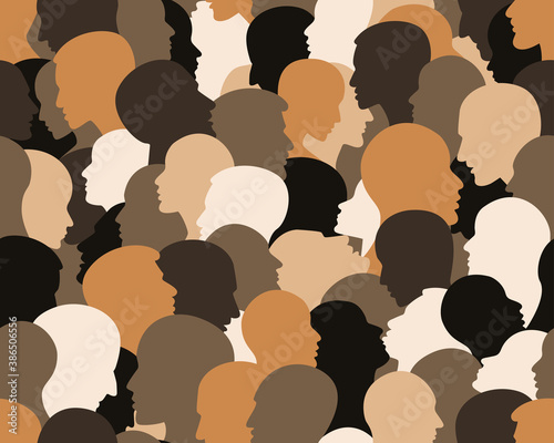 People profile heads. Seamless pattern of a crowd of many different people profile heads. Vector background.