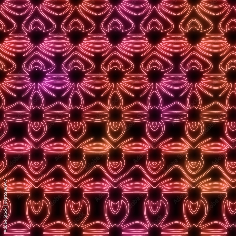 Neon light on black seamless repeat pattern. High quality illustration. Funky nightlife retro revival design. Futuristic dramatic glow lighting. Neon light on black seamless repeat pattern. High quality illustration. Funky nightlife retro revival design. Futuristic dramatic glow lighting.