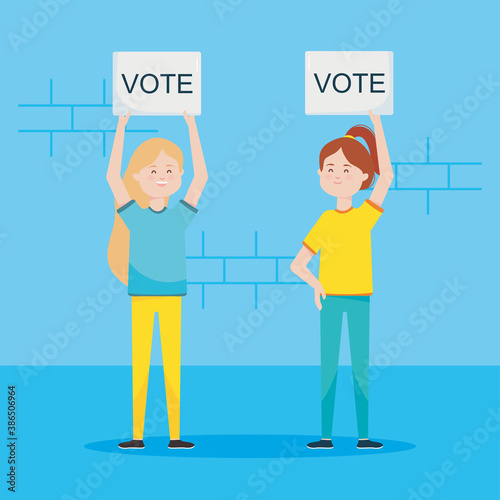 election day concept, cartoon women holding up vote placards, colorful design