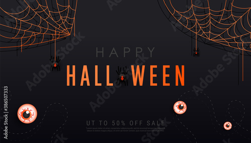 Happy halloween dark banner or party invitation background template. Scary spiders on cobwebs, bats and eyeballs on black gradient background