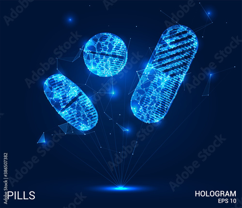 Hologram of the tablet. Pills of polygons, triangles of points, and lines. Drugs are low-poly compound structure. The technology concept.