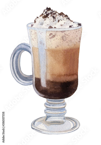 Coffee layers. Delicious hot drink with whipped cream and chocolate. Hand-drawn watercolor illustration on a white background. Picture for restaurant, cafe, menu, food design.