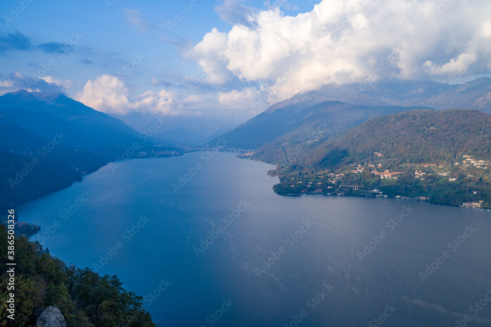 Panoramic view of Lake Orta and the town of Omegna in the background. Italian landscape.
