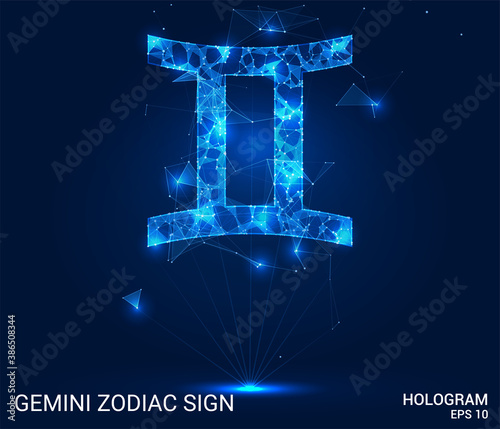 Hologram Gemini zodiac sign. Gemini is a zodiac sign made up of polygons, triangles, points, and lines. Gemini zodiac sign is a low-poly compound structure. The technology concept.