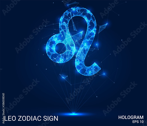 Hologram Leo zodiac sign. Leo is a zodiac sign made up of polygons, triangles, points, and lines. Leo zodiac sign low poly compound structure. The technology concept.