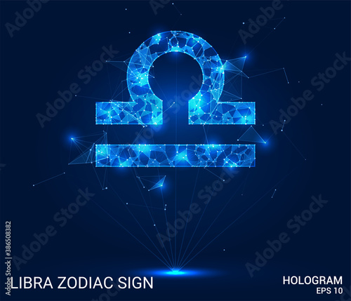 Hologram Libra zodiac sign. Libra is a zodiac sign made up of polygons, triangles, points, and lines. Libra zodiac sign is a low-poly compound structure. The technology concept.