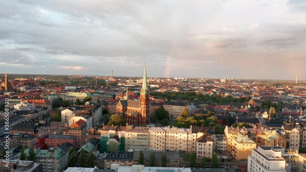 Drone shot Stockholm City aerial view, amazing sunset and rainbow. Drone shot Stockholm City aerial view, amazing sunset and rainbow.