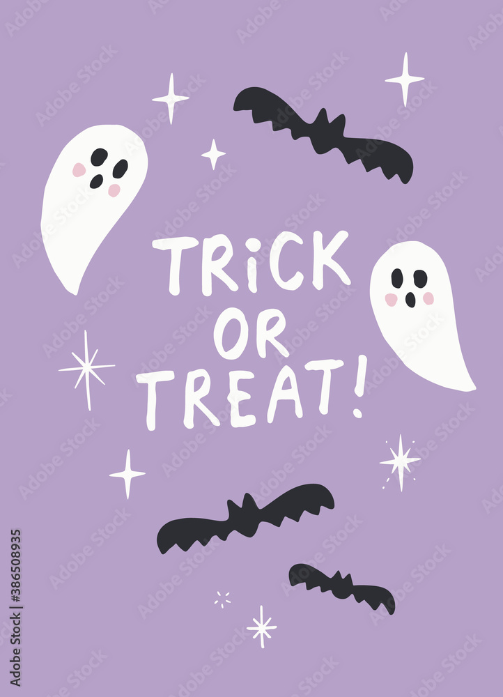 Fototapeta premium Trick Or Treat Hand Lettering Design. Vector Illustration with Cute Ghosts, Bats and Stars on a Violet Background. Black and White Colors. Perfect as Poster or Card. Scandi Style.