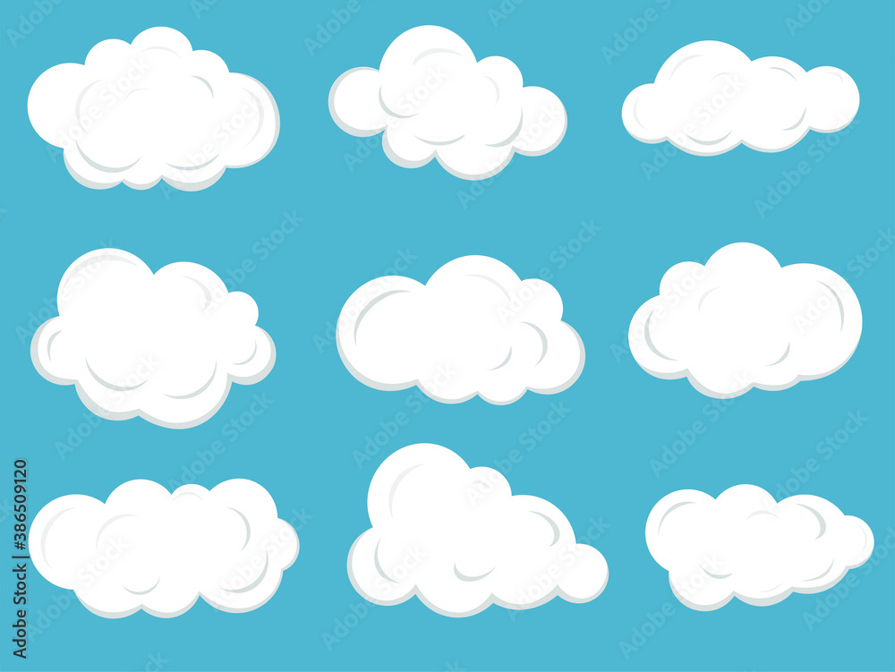 Set of white clouds, on a blue background. Cartoon style. Collection of isolated icons with shadow. Vector illustration.
