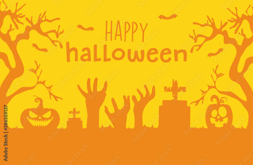 Happy halloween design with cemetery, pumpkins and scary zombie hands orange silhouette