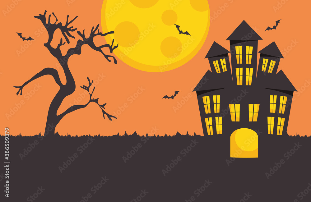 happy halloween design with horror castle and full moon