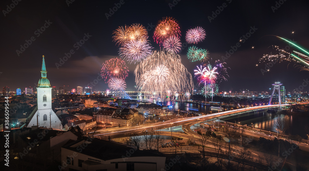 New Year Celebration. Fireworks on Danube River in Bratislava, Slovakia.