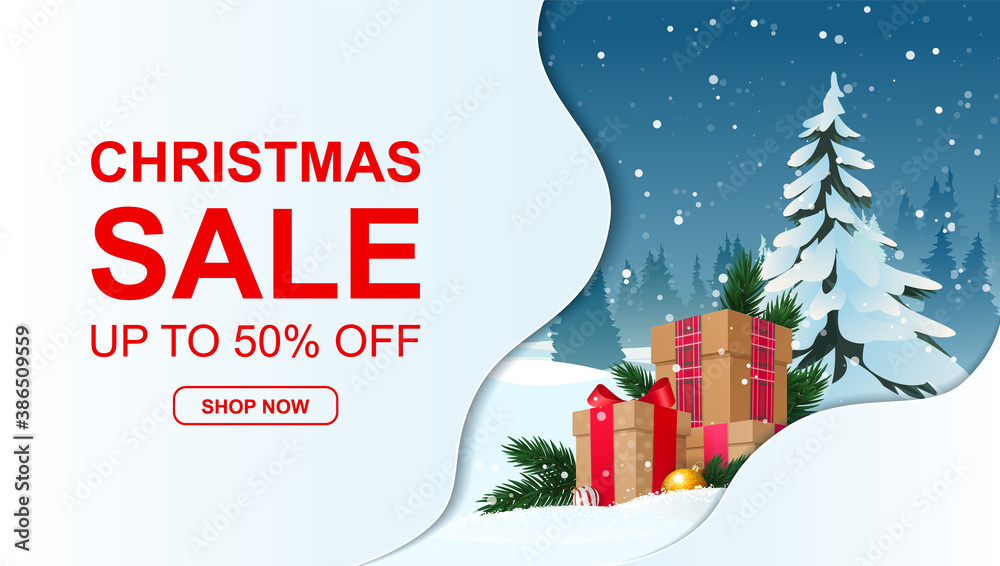 Christmas sale discount banner with frozen forest and gift boxes.