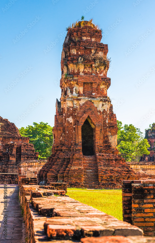 Pagoda at Ayutthaya Historical Park on a Sunny Day in Ayutthaya Province, Thailand. Architecture of Old Thai Capital City.