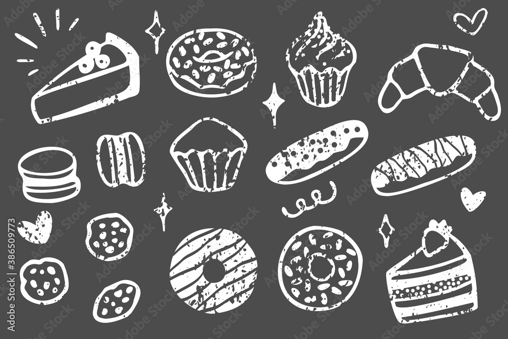 Vector set with different sweets and desserts. Hand drawn elements on chalkboard with chalk texture