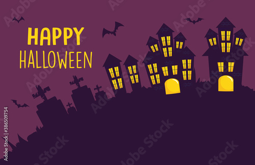 Happy halloween design with scary castles and bats around