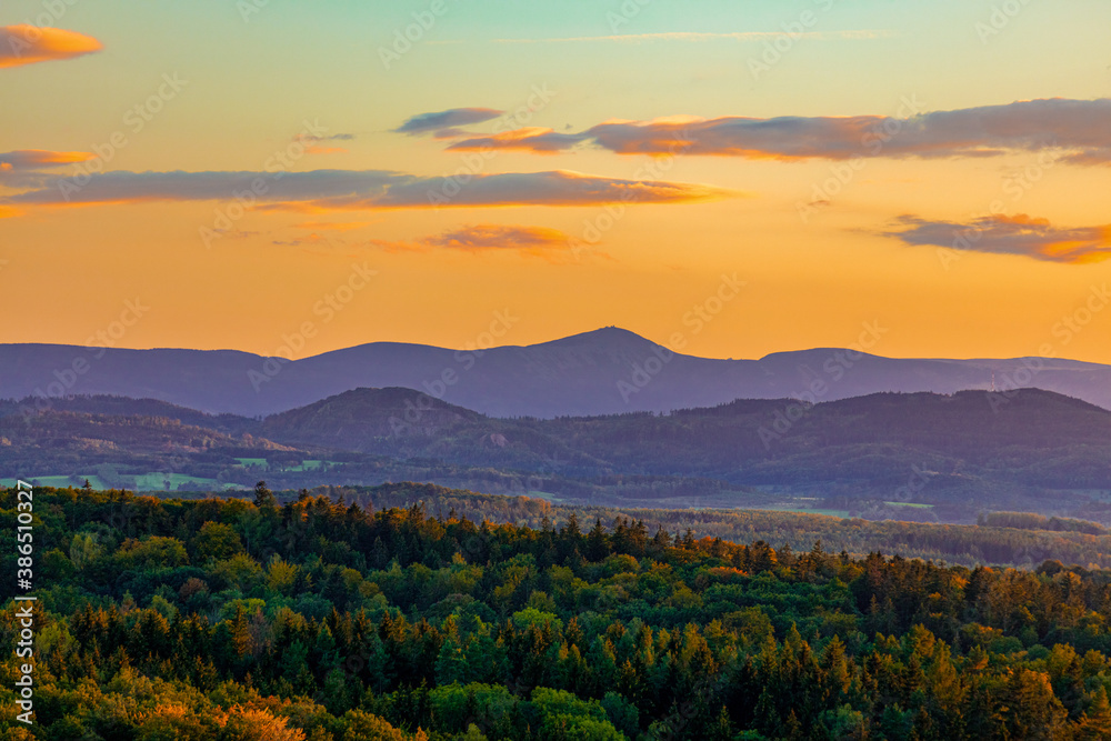 View at Sudetes Mountains in sunset time in autumn.
