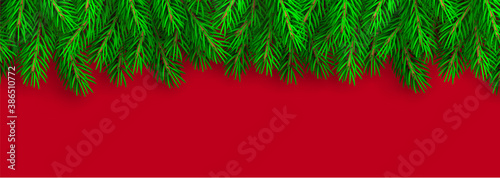 Realistic Christmas border. Xmas background with fir branches. Christmas border with fir branches. Christmas decoration tree branches with shadow - stock vector.