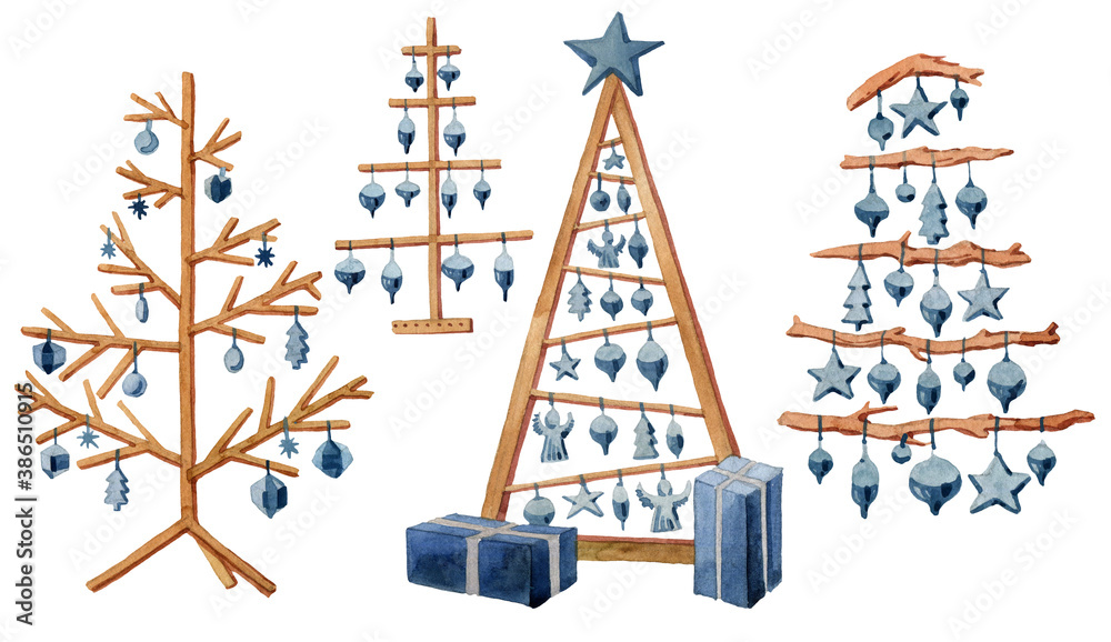 watercolor set, modern wooden Christmas tree and wooden toys, eko Christmas tree, merrychristmas, newyear, - obrazy, fototapety, plakaty 