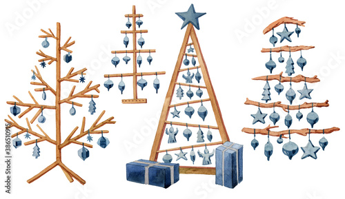 watercolor set, modern wooden Christmas tree and wooden toys, eko Christmas tree, merrychristmas, newyear,
