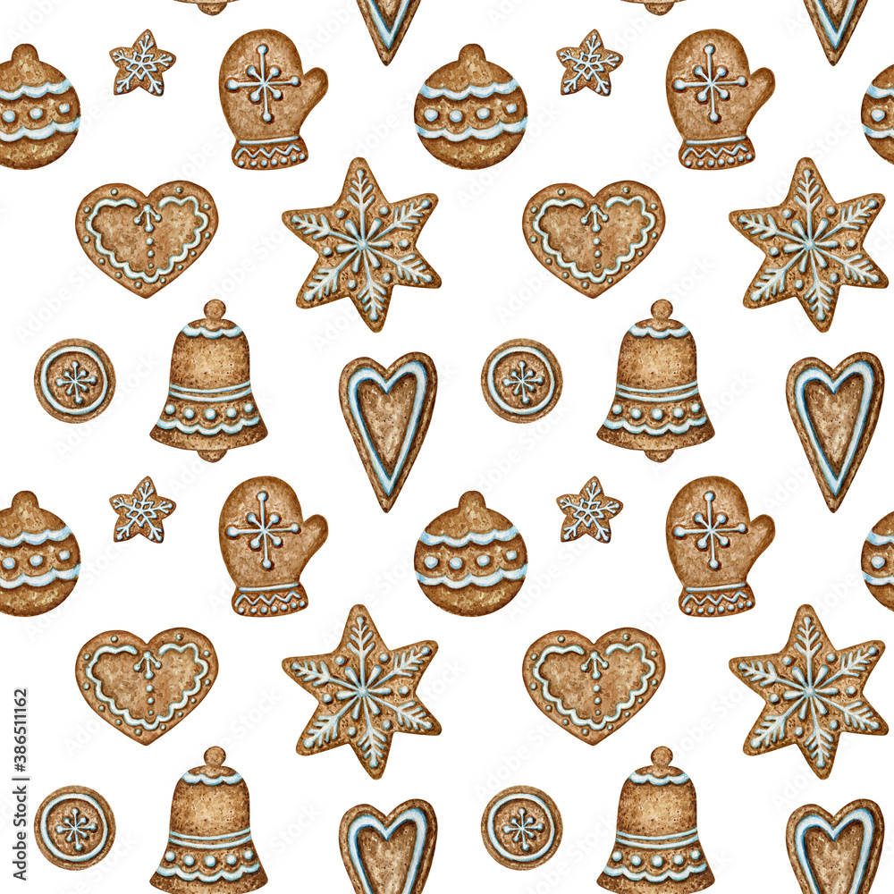 Christmas gingerbread cookies seamless pattern, mitten heart bell winter holiday sweet food background. Watercolor illustration. Xmas gift and tree decorations. Wrapping Paper, fabric texture design Christmas gingerbread cookies seamless pattern, mitten heart bell winter holiday sweet food background. Watercolor illustration. Xmas gift and tree decorations. Wrapping Paper, fabric texture design