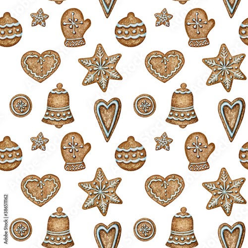 Christmas gingerbread cookies seamless pattern, mitten heart bell winter holiday sweet food background. Watercolor illustration. Xmas gift and tree decorations. Wrapping Paper, fabric texture design