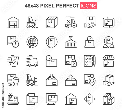 Delivery service thin line icon set. Logistics and shipping outline pictograms for website and mobile app GUI. Express delivery simple UI, UX vector icons. 48x48 pixel perfect pictogram pack.