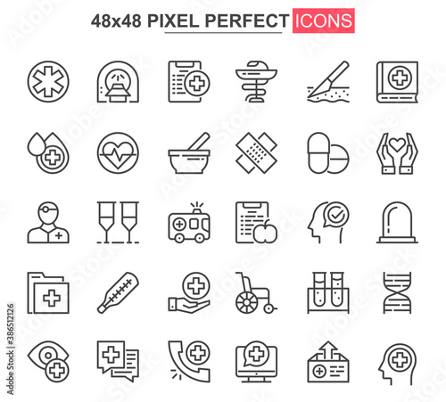 Medical service thin line icon set. Online consultation outline pictograms for website and mobile app GUI. Diagnosis and treatment simple UI, UX vector icons. 48x48 pixel perfect pictogram pack.