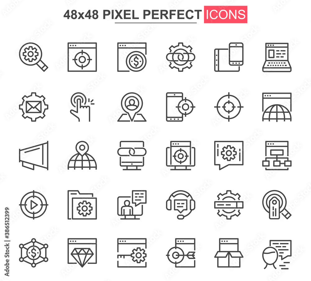 SEO optimization thin line icon set. Web analytics outline pictograms for website and mobile app GUI. Search engine optimization simple UI, UX vector icons. 48x48 pixel perfect pictogram pack.