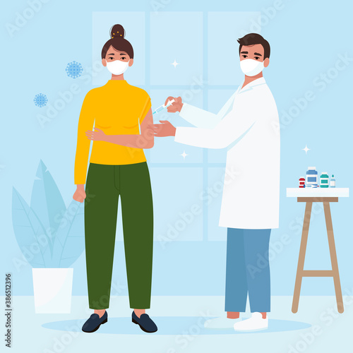 Vaccination of people against coronavirus COVID-19. Doctor making Injection to Female Patient. Vector illustration in flat style