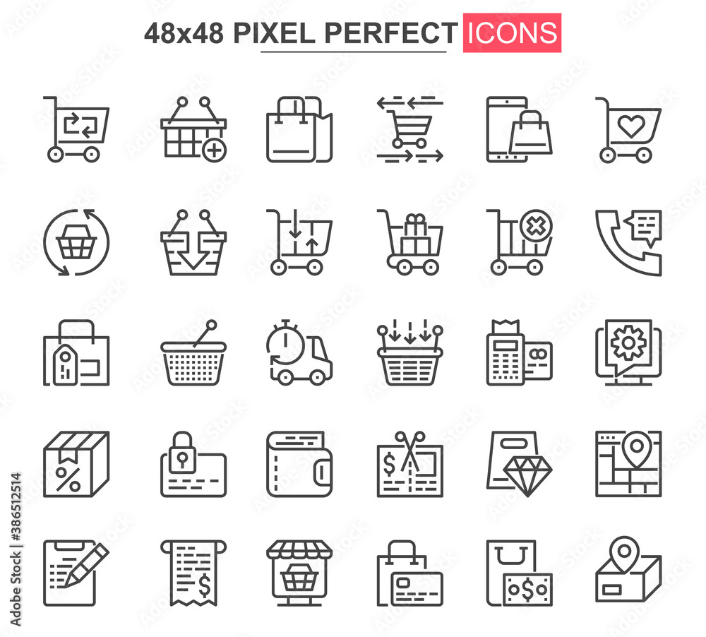 Online shopping thin line icon set. Internet marketplace outline pictograms for website and mobile app. Online order and delivery simple UI, UX vector icons. 48x48 pixel perfect pictogram pack.