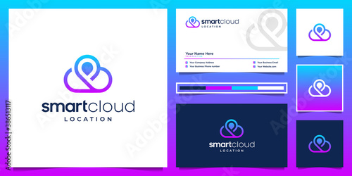 Smart cloud and location logo design and business card. symbol for technology, server, internet.