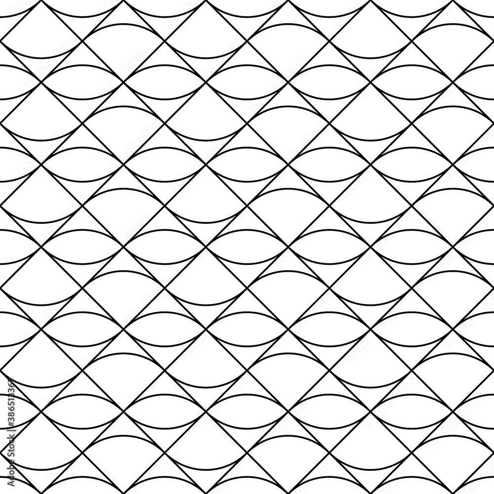 Fototapeta premium Grid motif. Ethnic embroidery ornament with repeated figures. Scale. Repeat scallop background. Seamless surface pattern design with scales. Grill wallpaper. Crossed diagonal lines and curves. Vector.