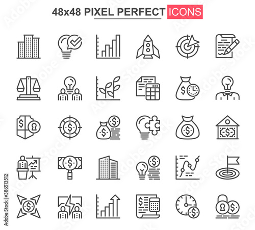 Business thin line icons set. Business development and investment strategy unique design icons. Financial audit and accounting outline vector bundle. 48x48 pixel perfect linear pictogram pack.