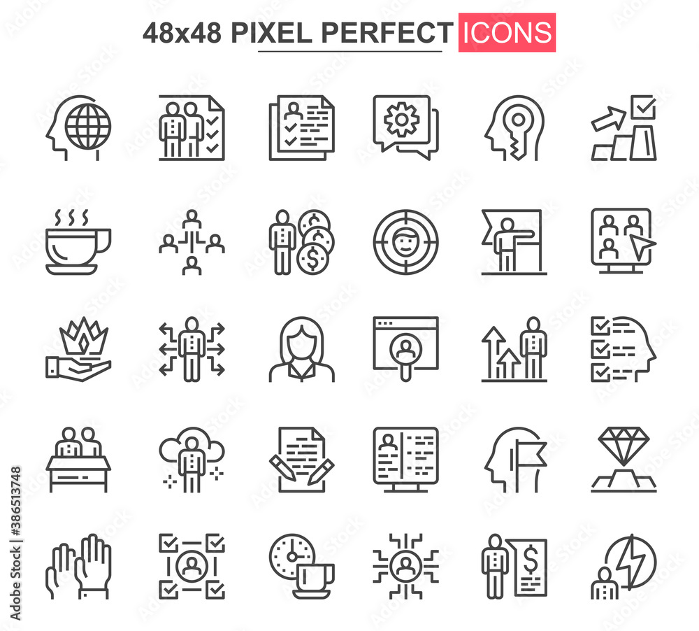 Business people thin line icons set. Business workflow, leadership and partnership unique design icons. Teamwork organization outline vector bundle. 48x48 pixel perfect linear pictogram pack.